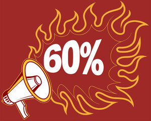 “SALE 60%” text engulfed in fire, ember sparks, and smoky haze, bold red-orange vector background.