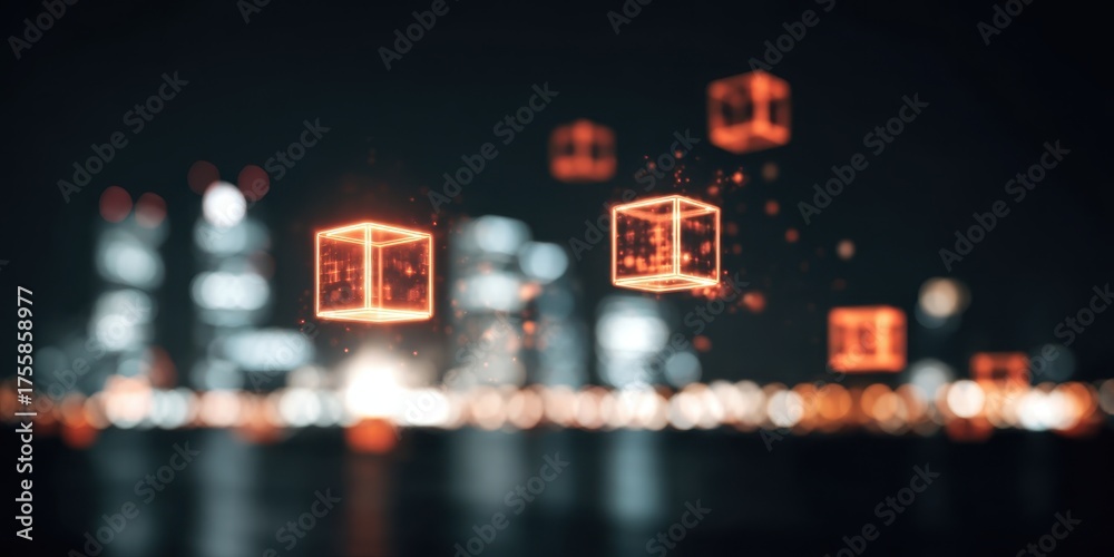 Wall mural transparent data cubes forming futuristic skyline representing efficiency creation intelligence gene