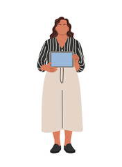 Minimalist flat vector of woman in striped blouse and beige skirt holding a light blue tablet, modern professional illustration with clean lines, solid colors, transparent background.