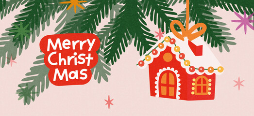 Merry Christmas and Happy New Year greeting card or banner. Modern beautiful Xmas design with typography, Christmas tree branches, balls and toys. Art poster, cover, decor templates	
