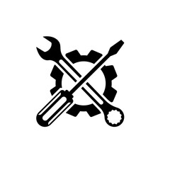 Mechanical Tools Logo with Gear, Wrench, and Screwdriver Icon