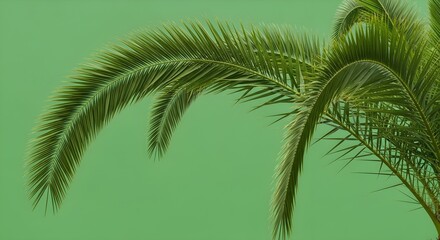 Naklejka premium Close-up of a Palm Tree Frond on a Green Background.