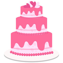 A Three Tier Pink Wedding Cake Decorated With Hearts And Pearls On A White Plate For A Celebration
