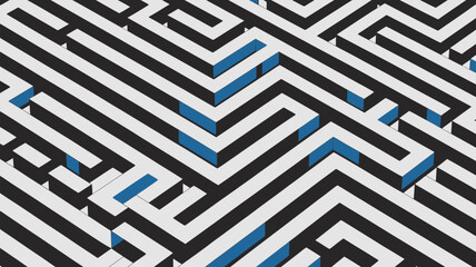 Isometric maze pattern with blue accents and black and white stripes creating a complex labyrinth design