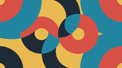 Abstract overlapping circles in red blue yellow and black creating a modern geometric background pattern
