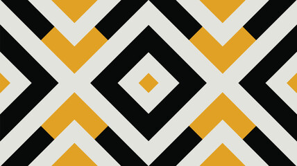 Abstract geometric pattern with black white and yellow diamonds and chevron shapes repeating design