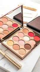 High quality studio shot of open makeup palette with blush contour and highlighter