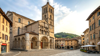 Historic stone cathedral with bell tower and arches in classic architecture