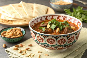 Hearty stew in patterned ceramic bowl with flatbread nuts and fresh herbs