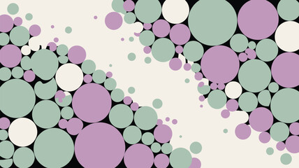 An arrangement of circles in shades of purple green and white on a black and white background design