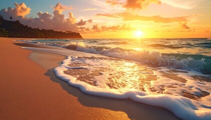 Golden sunset over a tranquil beach with gentle waves on the sandy shore