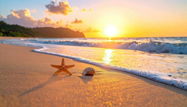 A starfish and seashell on a sandy beach as gentle waves wash ashore at sunset