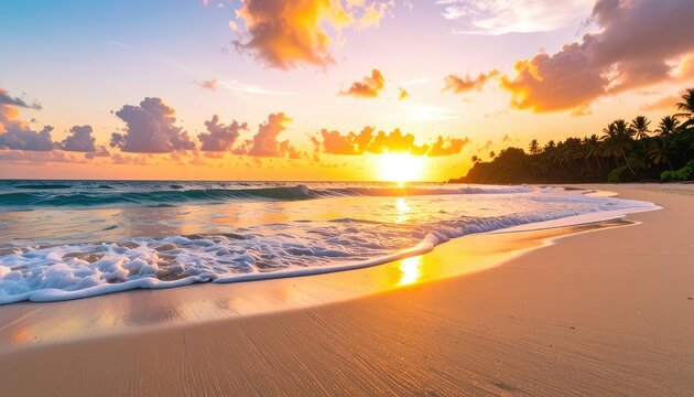 Golden sunset over a tranquil tropical beach with gentle waves and palm trees - Powered by Adobe