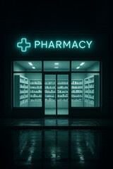 Modern pharmacy storefront at night with teal neon light reflection