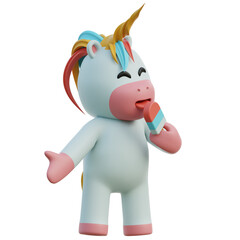 Cute cartoon unicorn with blue and pink hair enjoying a blue and red popsicle on a transparent background with soft lighting
