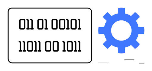 Binary code inside a rectangular frame paired with a blue gear cog. Ideal for programming, automation, technology, coding, machine learning, data processing, digital concepts. Simple flat metaphor
