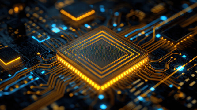 Futuristic AI chip with glowing circuits and neural network patterns, high-tech digital background, blue and silver tones, concept of artificial intelligence, data processing, and innovation