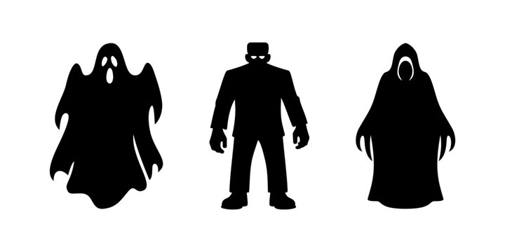 Zestaw sylwetek postaci Halloween - duch, potw&oacute;r Frankensteina i zakapturzony upi&oacute;r - ilustracja wektorowa