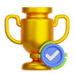 Golden Trophy with Blue Check Mark and Green Ring Isolated on Transparent Background Celebrating Achievement and Success