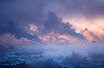 Dramatic cityscape shrouded in fog and pollution against a vibrant, pastel sunrise