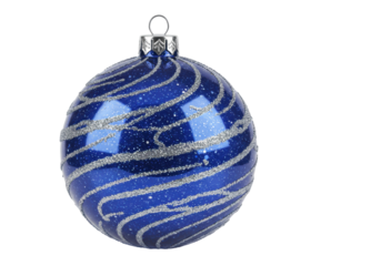 Isolated blue Christmas ball ornament with silver glitter swirls, seasonal object on display