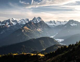 Scenic view capturing a majestic mountain range with snow-capped peaks, under a partly cloudy sky