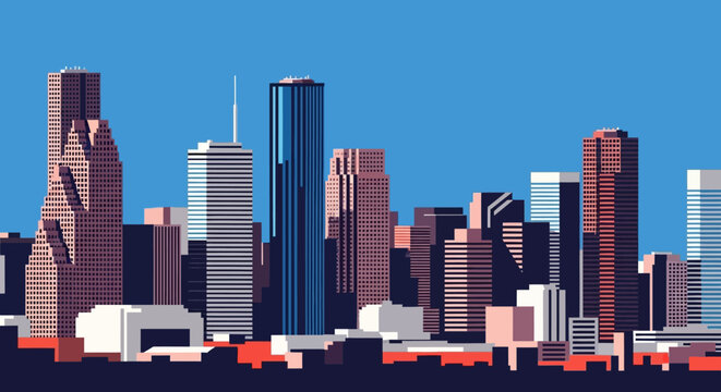 Houston Texas Downtown Skyline Vector Illustration: Modern Cityscape with Contemporary Skyscrapers