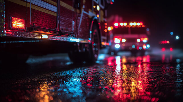 siren. Abstract patterns of emergency vehicle lights reflecting on wet pavement, creating a dramatic visual effect. mobility guides, transit brochures, designed for transport & logistics marketing.