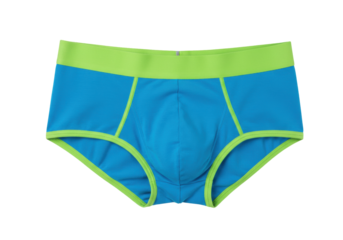 Isolated aqua-blue men's briefs with neon green waistband and trim, on a seamless background