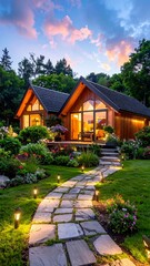 Fototapeta premium Serene wooden cabins nestled in a lush garden, pathway lit by small lamps, dusk sky