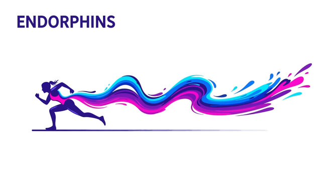 Endorphins Rush: Female Runner Silhouette Sprinting with a Trail of Vibrant, Wavy Abstract Paint Splashes in Blue, Purple, and Pink
