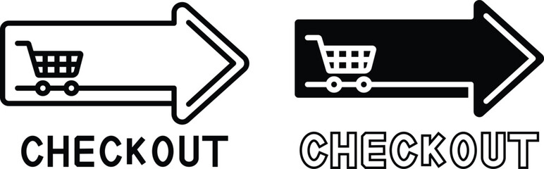 Editable; Adobe Illustrator Artwork Premium Quality Line Art and Silhouette pack - Checkout icons with shopping cart and forward arrow to indicate next step