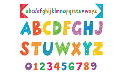 Colorful math and alphabet vector set featuring addition, subtraction, multiplication, and division signs along with bold, playful letters and numbers