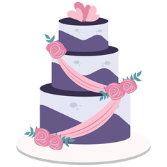 Elegant Three Tier Wedding Cake Decorated With Pink Roses And Ribbons In Purple And White Hues On A White Stand With Transparent Background And Pixel Art Style