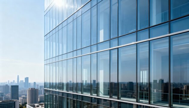 Frameless glass curtain wall in a medium shot highlighting seamless minimalist facade construction on a highrise enhancing contemporary cityscape aesthetics.