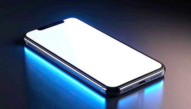 A sleek smartphone with a blank screen, glowing blue on a reflective surface