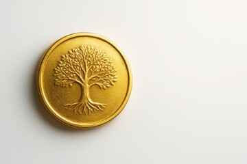 Golden coin with embossed tree on white background with soft lighting and clean space for text concept of sustainable finance investment ecology and business growth