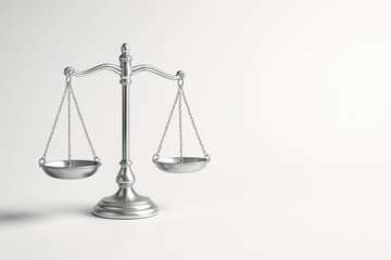 Silver balance scales on clean white background with soft lighting and space for text symbol of justice fairness law equality and business balance