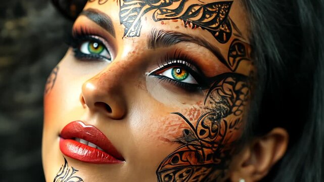 Artistic transformation: stunning metamorphosis with intricate face paint in vibrant colors