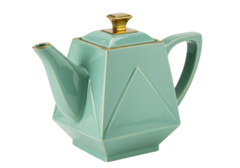 Isolated decorative green geometric teapot with gold trim against a seamless backdrop