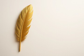 Golden feather on white background with soft lighting and clean space for text premium concept for creativity inspiration writing and business elegance