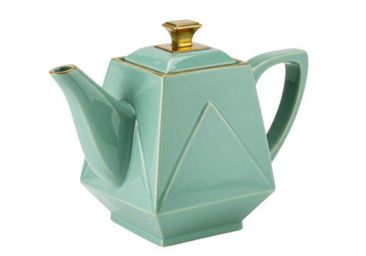 Isolated decorative green geometric teapot with gold trim against a seamless backdrop