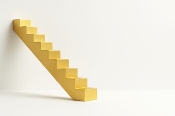 Golden staircase rising upward on white background with soft lighting and clean space for text premium concept for growth career progress and business success
