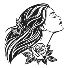 Beautiful vector illustration of a long-haired woman's face with a floral tattoo design and bird silhouette art
