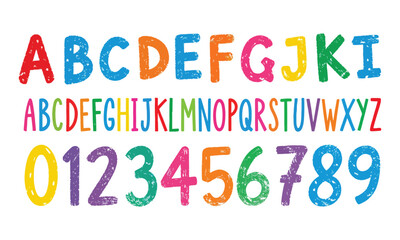 Colorful math and alphabet vector set featuring addition, subtraction, multiplication, and division signs along with bold, playful letters and numbers
