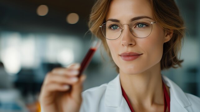 Lab technician carefully examining holographic blood analysis while displaying thoughtful expressions, symbolizing meticulous research, augmented reality integration, and human-AI cooperation in