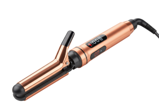 Isolated rose-gold curling iron for wavy hairstyle, beauty appliance for hair styling tool