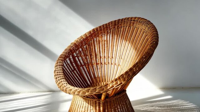 Elegant rattan chair bathed in sunlight with moving shadows creating a dynamic artful ambiance