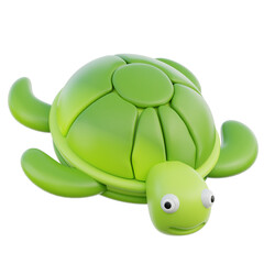 Stylized 3D green turtle with a light green shell and wide eyes isolated on a black background with a transparent background element