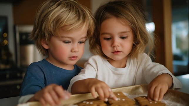 Little siblings decorating gingerbread cookies with focused expressions, emotion of joy and concentration visible, representing childhood holiday traditions, baking fun, and Christmas family - Powered by Adobe